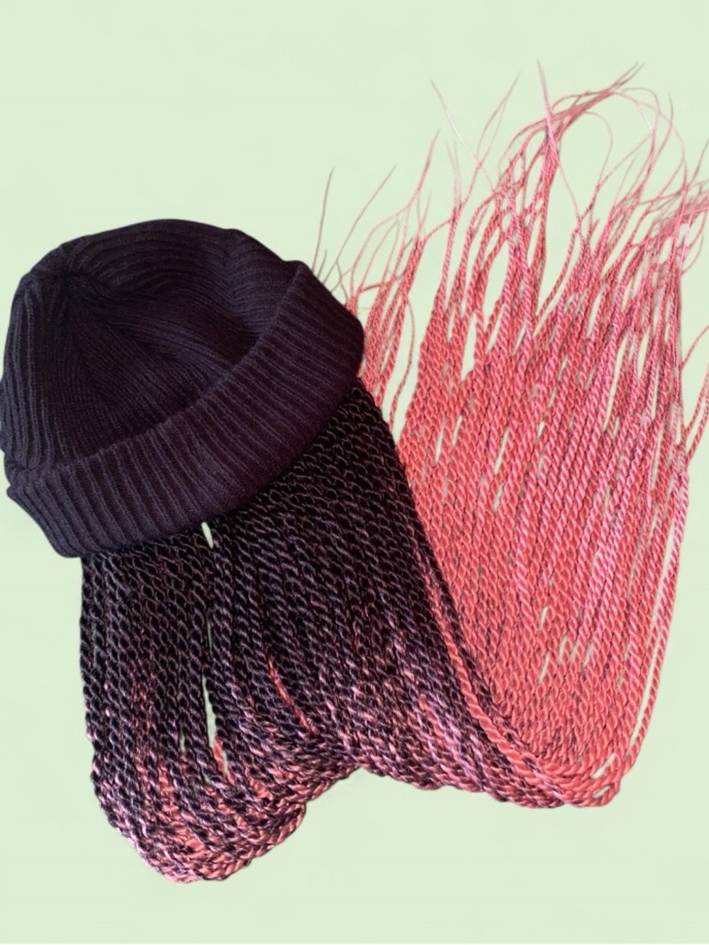 Black Beanie Wig Hat with Pink Ombré Extra Long Waist Length Twists 28 - 32 in